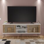 Farmhouse TV Stand With Metal Legs And Wood-Slat Sliding Doors 70 inch tv