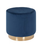 Round Modern Blue Velvet Ottoman with Gold Base