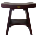 Compact Curviliniear Teak Shower Outdoor Bench with Shelf in Brown Finish