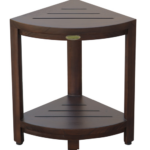 Compact Triangular Teak Shower Outdoor Bench with Shelf in Brown Finish