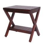 Compact X Shape Teak Shower Outdoor Bench with Shelf in Brown Finish