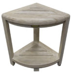 Compact Teak Corner Shower Stool with Shelf in Whitewash Driftwood