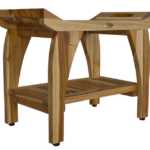 Compact Rectangular Teak Shower Bench with Handles in Natural Finish