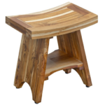 Compact Curvilinear Teak Shower Outdoor Bench with Shelf in Natural Finish