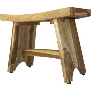 Compact X Shape Teak Shower Outdoor Bench with Shelf in Brown Finish