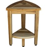 Compact Teak Corner Shower or Outdoor Bench with Shelf in Natural Finish