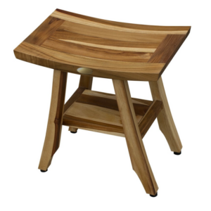 Compact Rectangular Teak Shower or Outdoor Bench with Shelf in Brown Finish