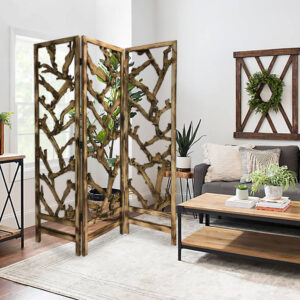 Golden Scroll Three Panel Room Divider Screen