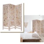3 Panel Pink Room Divider with Cut Square Wood Design