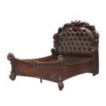 Queen Size Elaborately Carved Cherry Wood Finish Bed with Tufted Dark Faux Leather Headboard