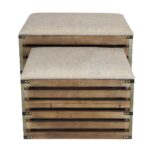 Set of 2 Rectangular Brown Linen Fabric and Wood Slats Storage Benches