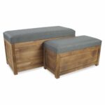 Set of 2 Rectangular Gray Linen Fabric and Wood Storage Benches