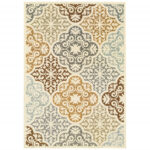 9′ x 13′ Ivory Grey Floral Medallion Indoor Outdoor Area