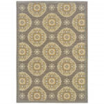 9′ x 13′ Grey Gold Floral Medallion Discs Indoor Outdoor Area Rug