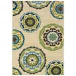 5′ x 8′ Ivory Indigo and Lime Medallion Disc Indoor Outdoor Area Rug