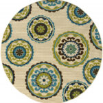 7′ Ivory Indigo and Lime Medallion Disc Indoor Outdoor Area Rug