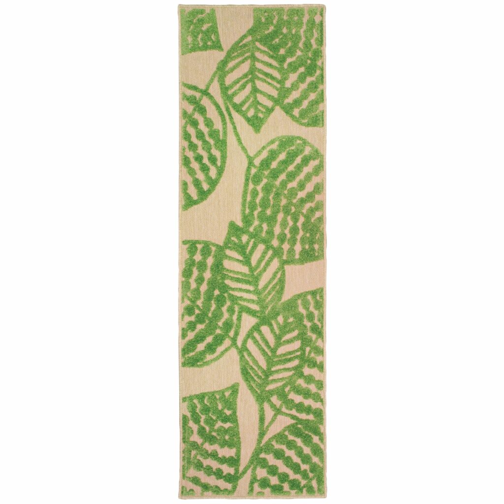 8′ Sand and Lime Green Leaves Indoor Outdoor Runner Rug