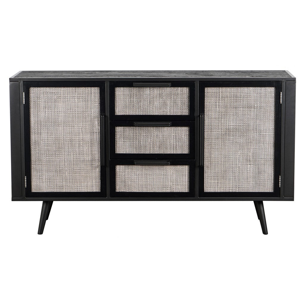 63" Modern Rustic Black and Rattan Buffet Server