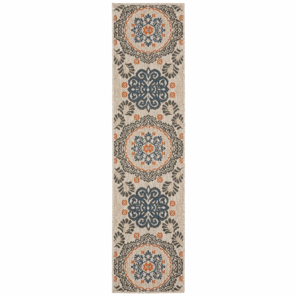 8′ Grey Blue  Floral Indoor Outdoor Runner Rug