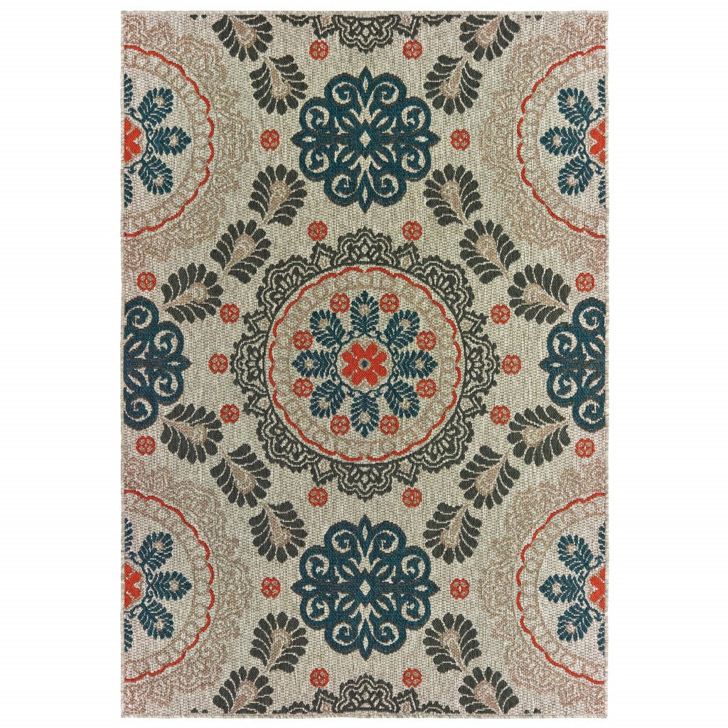 5' x 7' Grey Blue Floral Indoor Outdoor Area Rug