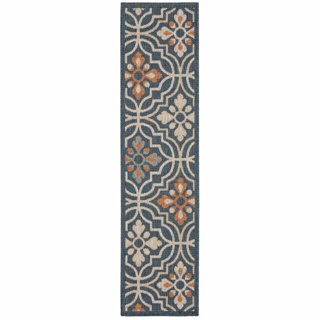 8′ Blue Orange Floral Lattice Indoor Outdoor Runner Rug