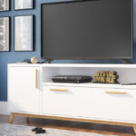 Modern White and Natural Long Door TV Stand