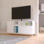 Modern White and Natural Asymmetrical TV Stand