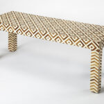 Geo and Chevron Teak and Bone Inlay Bench