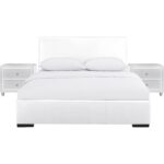 White Upholstered Platform King Bed with Two Nightstands