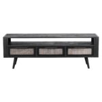 Rustic Black and Rattan TV Stand with Three Drawers