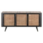 Rustic Black Natural and Rattan Media Cabinet with Three Doors