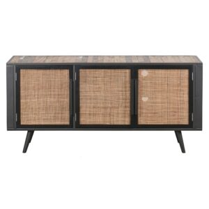 Rustic Black and Rattan TV Stand with Three Drawers
