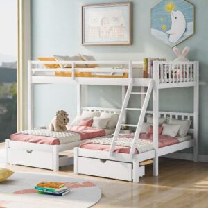 White Finish Twin over Full Bunk Bed with Trundle