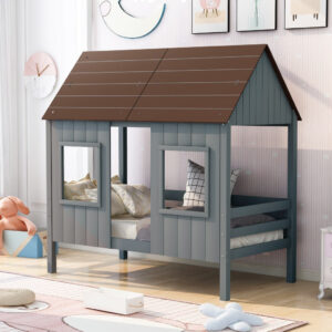 Brown Low Loft Bed With Slide