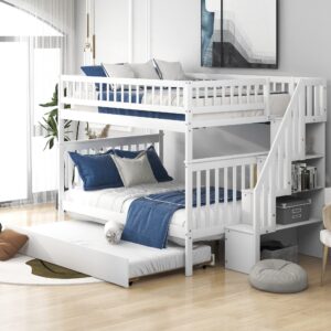 White Finish Twin over Full Bunk Bed with Trundle