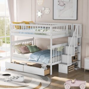 White Finish Twin over Full Bunk Bed with Trundle