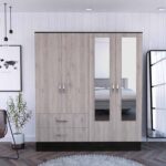 Light Oak and Black Four Door Wardrobe Closet with Mirrors