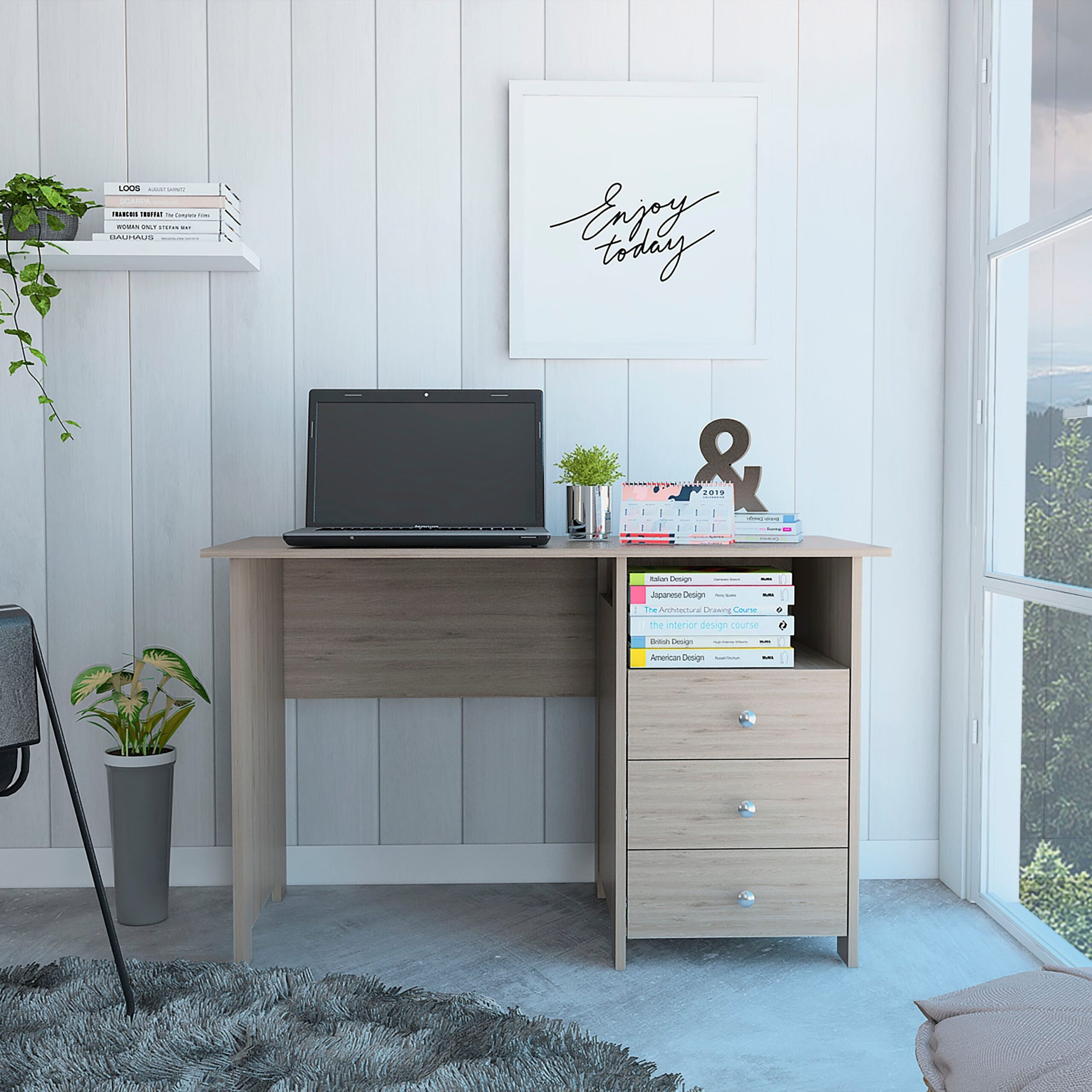 Nory Light Gray Oak Three Drawers Computer Desk