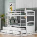 White Twin Over Twin Bunk Bed with Trundle and Drawers