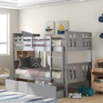Gray  Double Twin Size Ladder Bunk Bed With Drawers