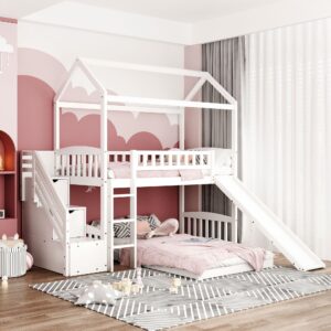 White Twin Loft Bed With Desk and Shelves