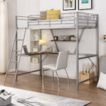 Silver Metal Loft Bed with L Shaped Desk and Shelf