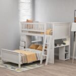 White Twin Over Twin Size Bed with Shelves and Drawers
