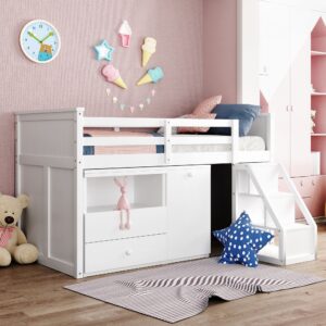 White Twin Over Twin Size Bed with Shelves and Drawers