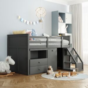 Gray Twin Over Twin PlayHouse Perpendicular Bunk Bed with Slide
