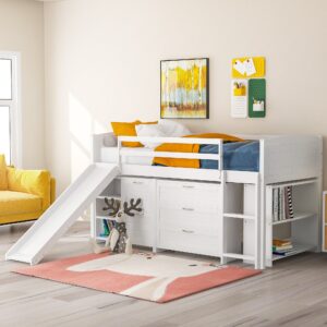 White Twin Size Bunk Bed with attached Loft Bed and Drawers