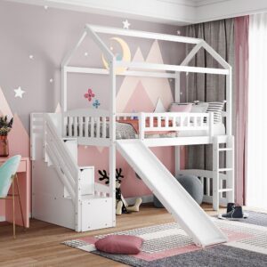 White Twin Over Twin Size Bed with Shelves and Drawers