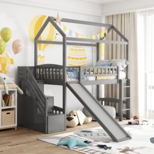 Gray Twin Over Twin PlayHouse Perpendicular Bunk Bed with Slide