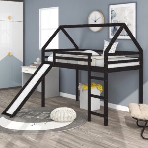 Brown Twin Size Low Loft Bed With Cabinets and Slide