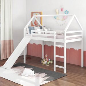White Twin Over Twin Size Bed with Shelves and Drawers